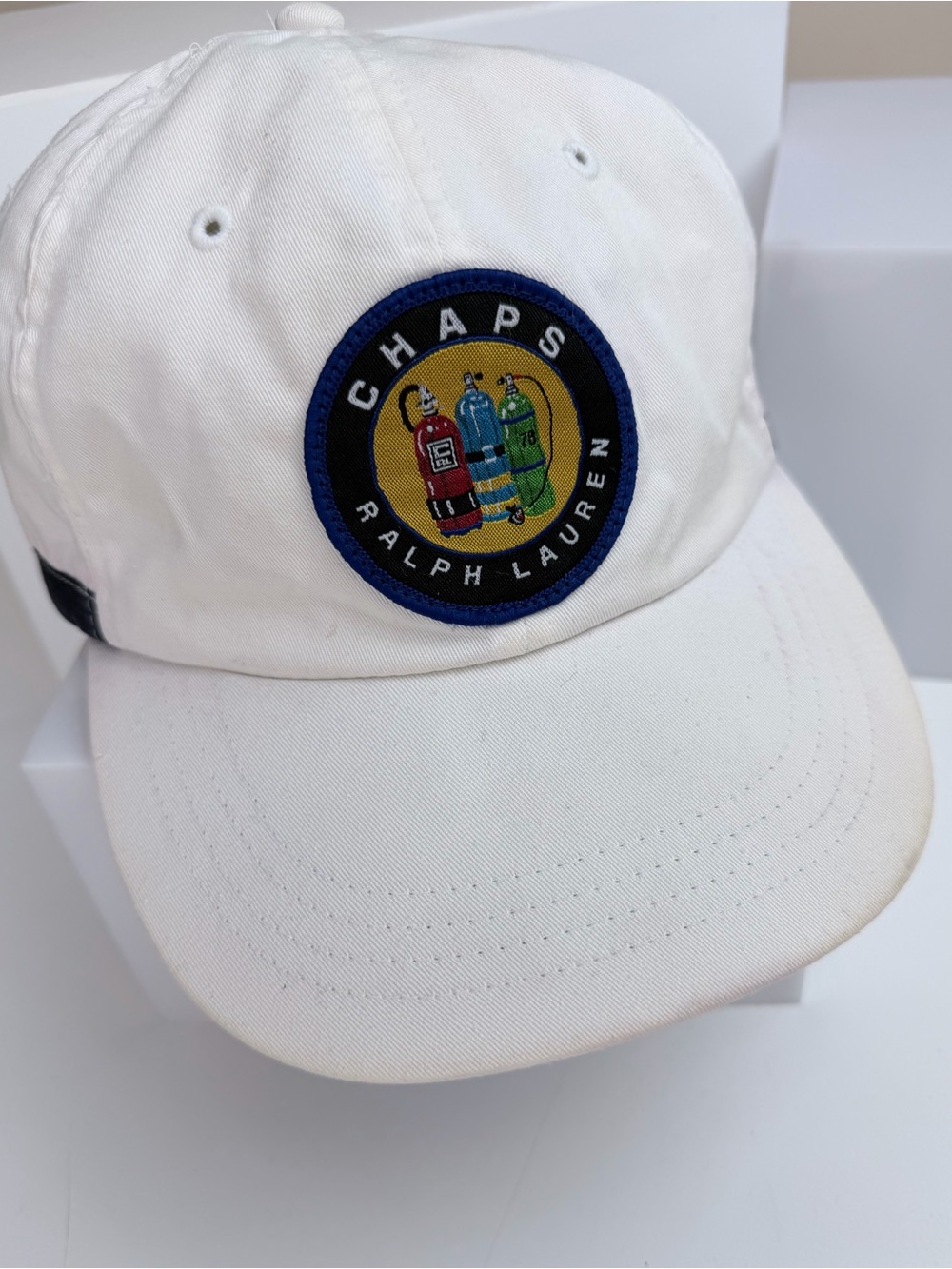 Vintage 90s Chaps Ralph Lauren Scuba Cookie Patch Hat Logo White Ball Cap